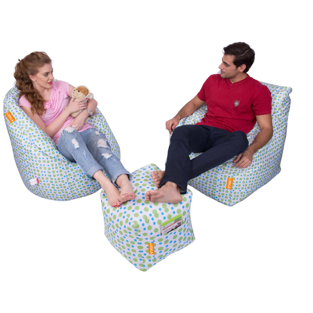 Can bean bags Combo Arm Chair, Big Boss Chair, Footstool Bean Bag (Polka Dot)